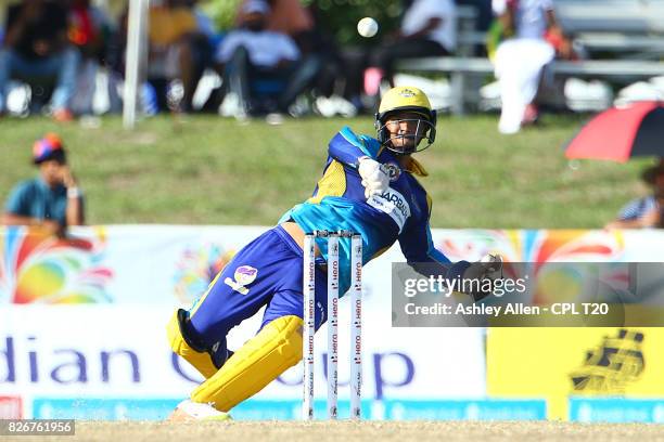 In this handout image provided by CPL T20, Wicket Keeper of Barbados Tridents, Nicholas Pooran throws the ball to the nonstrikers end and runs out...