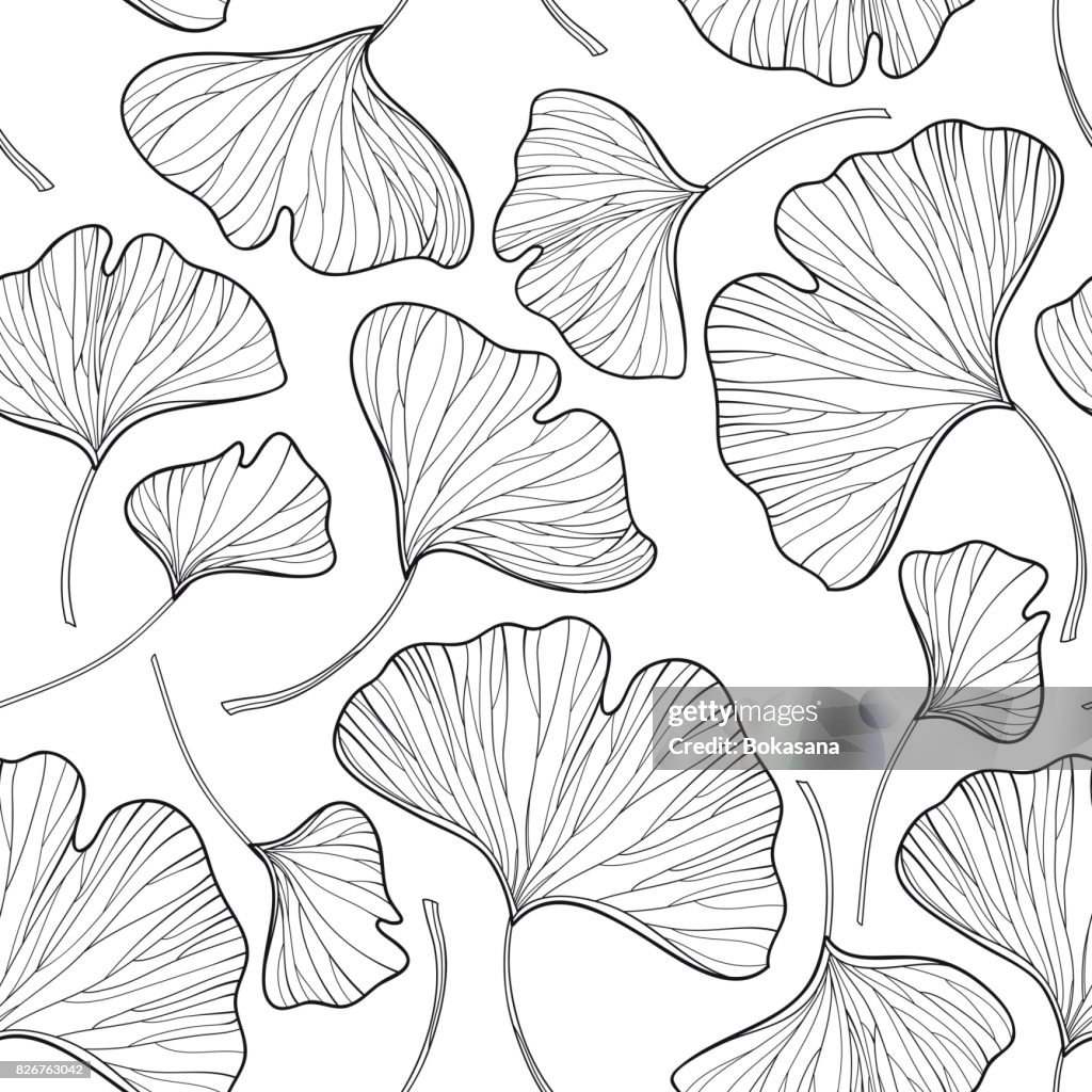 Interlocking Gingko Pattern Vector Seamless Pattern With Outline Gingko Or Ginkgo Biloba Leaves In ...