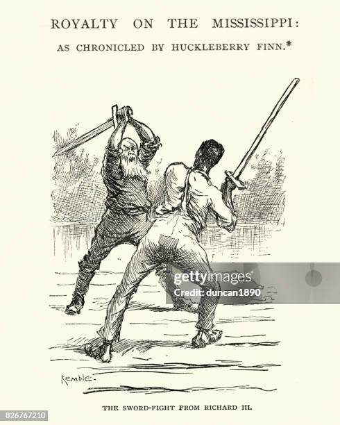 adventures of huckleberry finn, sword fight from richard iii - huckleberry finn stock illustrations