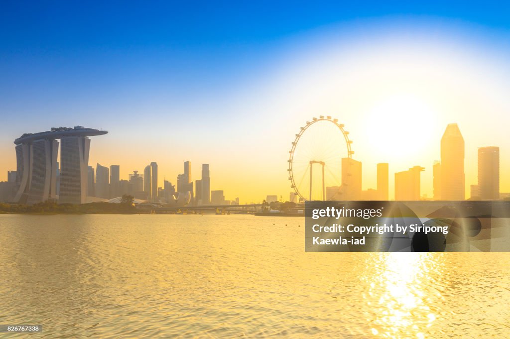 View of Singapore landmark during sunset taken from Marina Barrage.