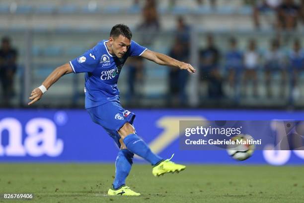 Frederic Veseli of Empoli FC misses the penalty during the TIM Cup match between Empoli FC and Renate at Stadio Carlo Castellani on August 5, 2017 in...