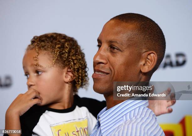 Former NBA player Reggie Miller and his son Ryker Miller arrive at the premiere of Open Road Films' "The Nut Job 2: Nutty By Nature" at the Regal...