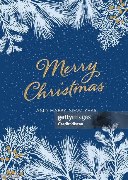 christmas card with white evergreen silhouettes - illustration - christmas card stock illustrations