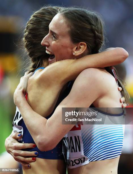 Laura Weightman of Great Britain reacts with Jennifer Simpson of United States in the Women's 15000m semi final during day two of the 16th IAAF World...