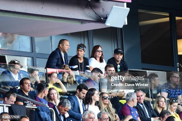 Neymar Santos Senior, father of Neymar JR of PSG, Neymar JR of PSG and Nadine Santos, mother of Neymar JR of PSG, during the Ligue 1 match between...