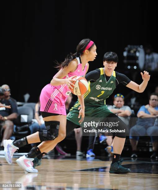 Isabelle Harrison of the San Antonio Stars drives to the basket against Ramu Tokashiki of the Seattle Storm on August 5, 2017 at the AT&T Center in...