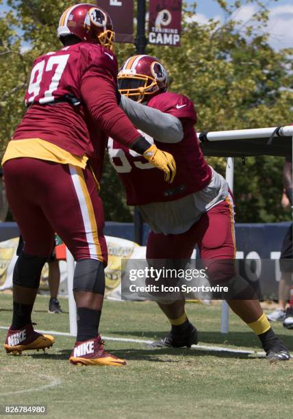 Washington Redskins defensive lineman A.J. Francis participates in position drills during Redskins training camp practice on August 5, 2017 at Bon...