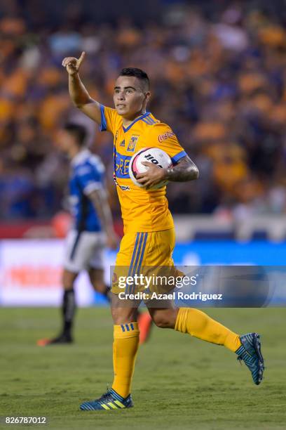 Lucas Zelarayan of Tigres celebrates after scoring his team's first goal during the 3rd round match between Tigres UANL and Puebla as part of the...