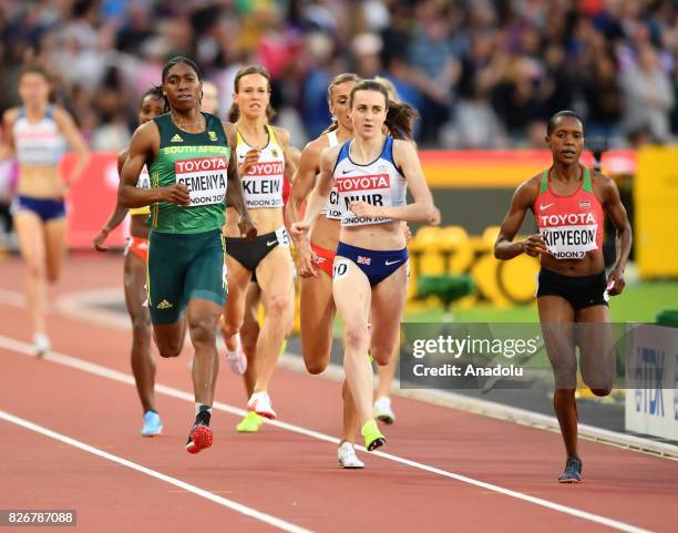 Caster Semenya of South Africa, Laura Muir of Great Britain and Faith Chepngetich Kipyegon of Kenya compete in the women's 1,500 meters semi final...