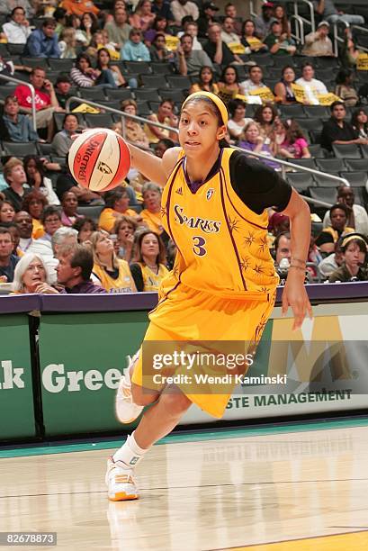 Candace Parker of the Los Angeles Sparks drives the ball during the game against the Sacramento Monarchs at Staples Center on August 28, 2008 in Los...