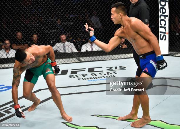 Andre Soukhamthath taunts Alejandro Perez of Mexico after knocking him down three times in their bantamweight bout during the UFC Fight Night event...