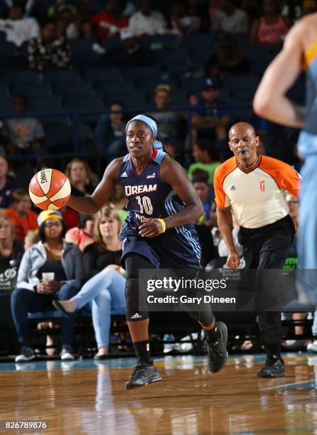 Matee Ajavon of the Atlanta Dream brings the ball up court against the Chicago Sky on August 5, 2017 at Allstate Arena in Rosemont, IL. NOTE TO USER:...