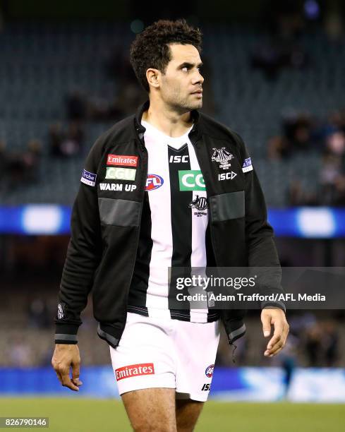 Daniel Wells of the Magpies looks on injured during the 2017 AFL round 20 match between the North Melbourne Kangaroos and the Collingwood Magpies at...