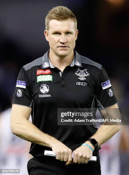 Nathan Buckley, Senior Coach of the Magpies runs off the field during the 2017 AFL round 20 match between the North Melbourne Kangaroos and the...