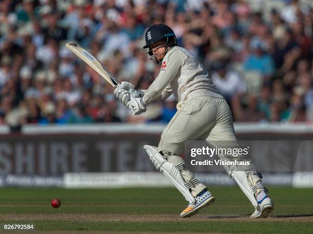 Jonathan Bairstow of England batting during the first day of the fourth test between England and South Africa at Old Trafford on August 4, 2017 in...