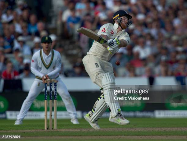 Ben Stokes of England gets hit with the ball batting during the first day of the fourth test between England and South Africa at Old Trafford on...