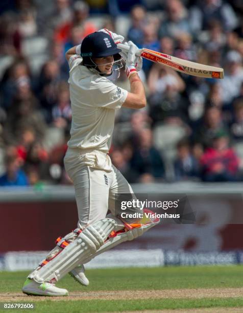 Joe Root batting during the first day of the fourth test between England and South Africa at Old Trafford on August 4, 2017 in Manchester, England.