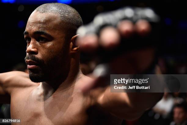 Rashad Evans prepares to enter the Octagon before facing Sam Alvey in their middleweight bout during the UFC Fight Night event at Arena Ciudad de...
