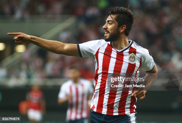 Rodolfo Pizarro of Chivas celebrates after scoring the second goal of his team during the third round match between Chivas and Necaxa as part of the...