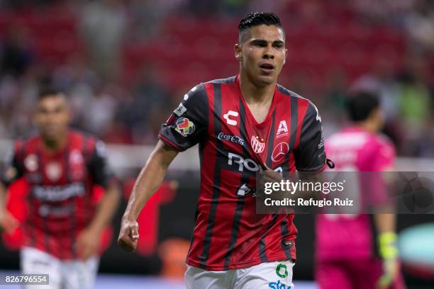 Luis Perez of Necaxa celebrates after scoring the second goal of his team during the third round match between Chivas and Necaxa as part of the...