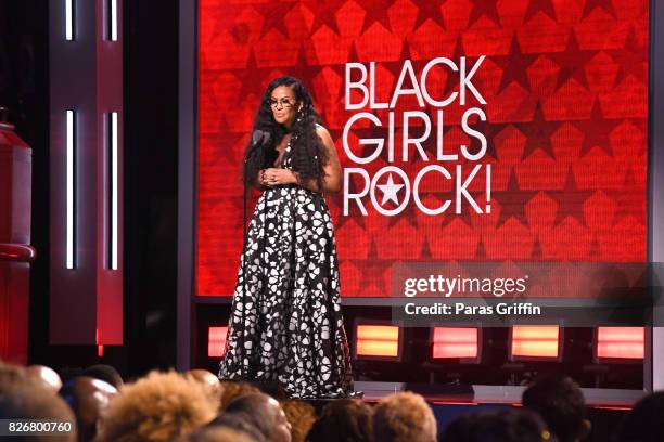 Founder BLACK GIRLS ROCK! Beverly Bond speaks onstage at Black Girls Rock! 2017 backstage at NJPAC on August 5, 2017 in Newark, New Jersey.