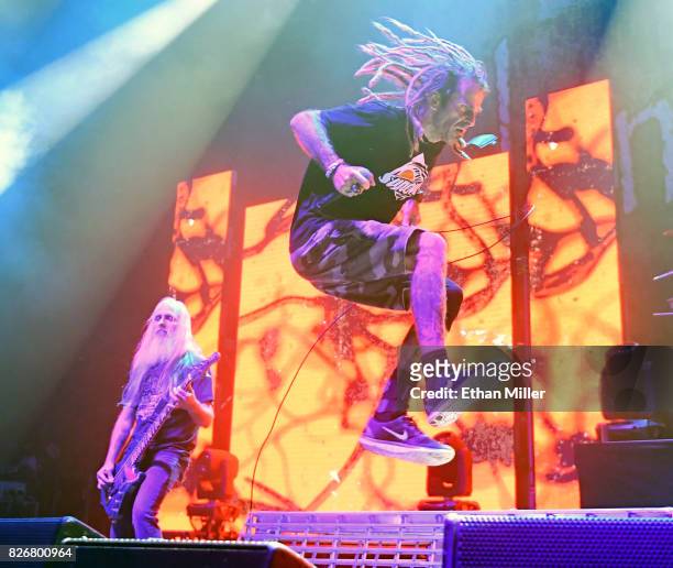 Bassist John Campbell and singer Randy Blythe of Lamb of God performs at The Joint inside the Hard Rock Hotel & Casino on August 4, 2017 in Las...