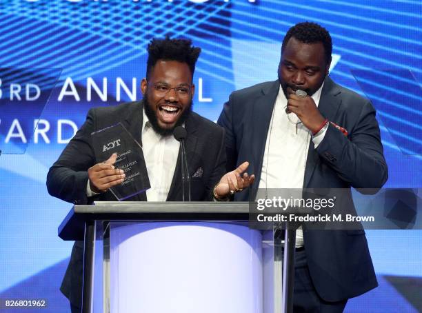 Writer Stephen Glover and actor Brian Tyree Henry accept the award for 'Individual Achievement in Comedy' for 'Atlanta' on behalf of Donald Glover...