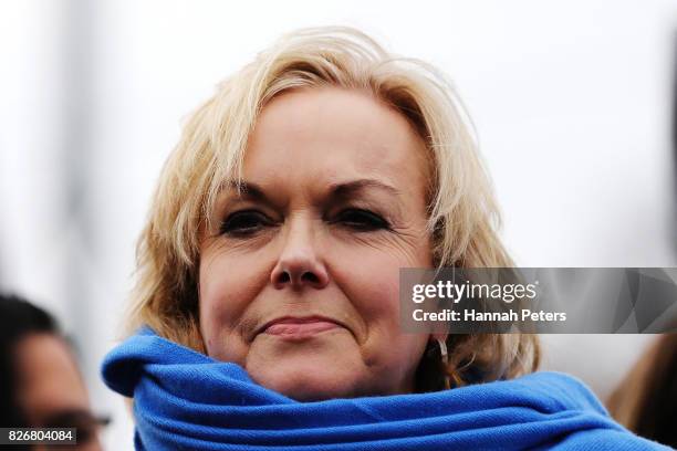 National Party Revenue Minister Judith Collins looks on during National's new transport infrastructure plan at Railway Street West, Papakura on...