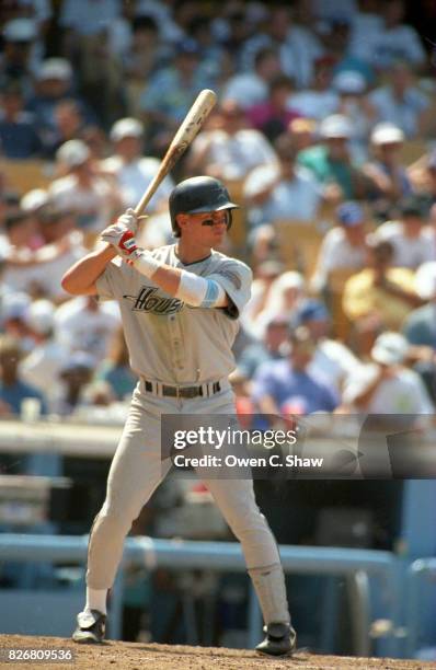 Craig Biggio of the Houston Astros bats against the Los Angeles Dodgers at Dodger Stadium circa 1994 in Los Angeles,California.