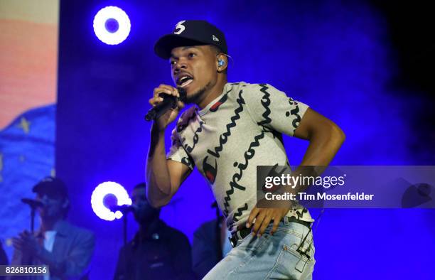 Chance the Rapper performs during Lollapalooza 2017 at Grant Park on August 5, 2017 in Chicago, Illinois.