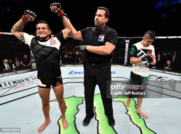 Sergio Pettis celebrates his victory over Brandon Moreno of Mexico in their flyweight bout during the UFC Fight Night event at Arena Ciudad de Mexico...