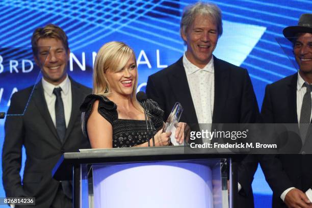 Executive Producer Per Saari, actor Reese Witherspoon, Creator/EP David E. Kelley, and Executive Producer Nathan Ross accept the award for...