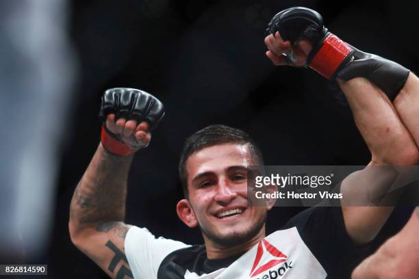 Sergio Pettis celebrates his victory against Brandon Moreno during the UFC Fight Night Mexico City at Arena Ciudad de Mexico on August 05, 2017 in...