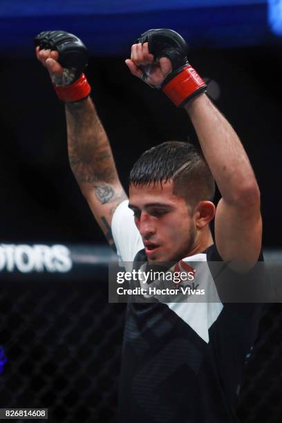 Sergio Pettis celebrates his victory against Brandon Moreno during the UFC Fight Night Mexico City at Arena Ciudad de Mexico on August 05, 2017 in...