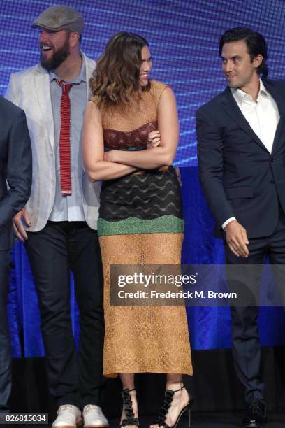 Actors Chris Sullivan, Mandy Moore, and Milo Ventimiglia accept the award for 'Outstanding New Program' for 'This Is Us' onstage at the 33rd Annual...