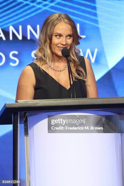 President, Amber Dowling speaks onstage at the 33rd Annual Television Critics Association Awards during the 2017 Summer TCA Tour at The Beverly...