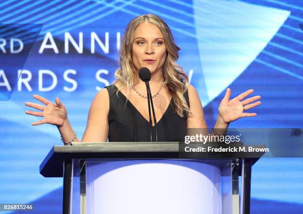 President, Amber Dowling speaks onstage at the 33rd Annual Television Critics Association Awards during the 2017 Summer TCA Tour at The Beverly...