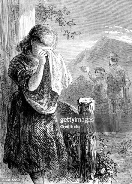 farewell pain: girl is crying while two people are leaving - crying girl drawing stock illustrations