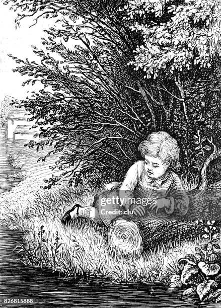 girl leaning on a tree trunk near the river - 1876 stock illustrations