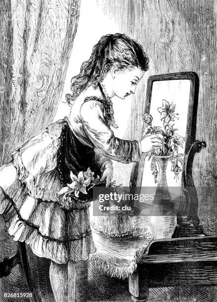 girl putting flowers into the vase - 1876 stock illustrations