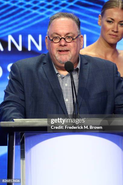 Producer/writer Bruce Miller and actor Yvonne Strahovski accept the award for 'Program of the Year' for 'The Handmaid's Tale' onstage at the 33rd...