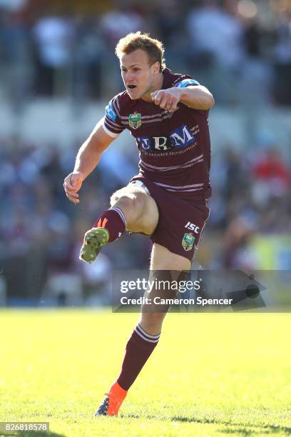 Daly Cherry-Evans of the Sea Eagles kicks during the round 22 NRL match between the Manly Warringah Sea Eagles and the Sydney Roosters at Lottoland...