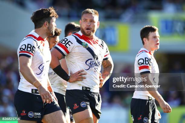 Jared Waerea-Hargreaves of the Roosters looks dejected after a Sea Eagles try during the round 22 NRL match between the Manly Warringah Sea Eagles...