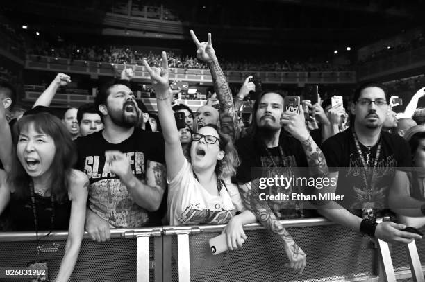 Fans react as Slayer performs at The Joint inside the Hard Rock Hotel & Casino on August 4, 2017 in Las Vegas, Nevada.