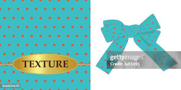 texture turquoise small orange polka dots with a gold label on a twine. a small turquoise bow in orange polka dot. - intertwined rope stock illustrations