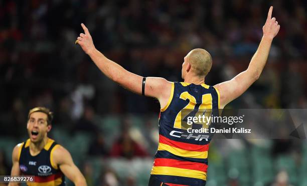 Sam Jacobs of the Crows celebrates after kicking a goal during the round 20 AFL match between the Adelaide Crows and the Port Adelaide Power at...