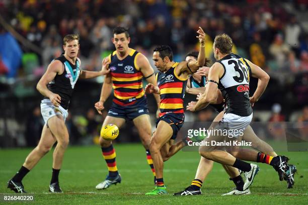 Eddie Betts of the Crows kicks the ball during the round 20 AFL match between the Adelaide Crows and the Port Adelaide Power at Adelaide Oval on...