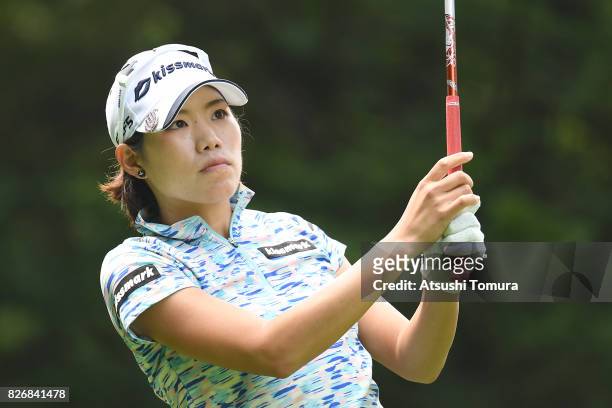 Narumi Yamada of Japan hits her tee shot on the 4th hole during the final round of the meiji Cup 2017 at the Sapporo Kokusai Country Club Shimamatsu...