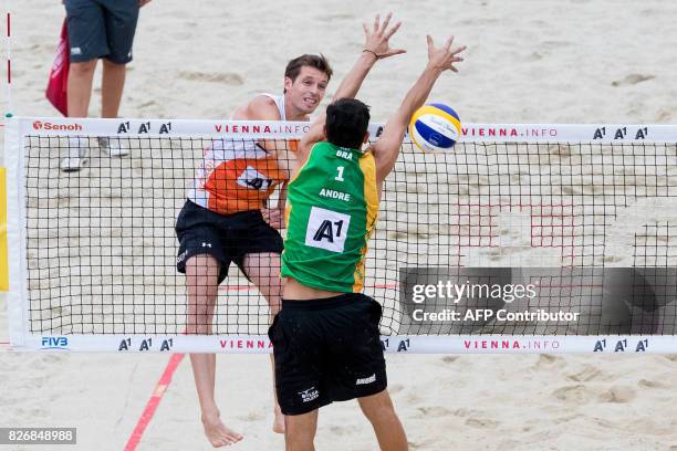 Maarten van Garderen of the Netherlands hits the ball during the match Netherlands Vs Brazil at the Beach Volleyball World Championship in Vienna, on...