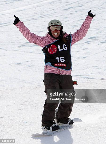 Andrea Schuler of Switzerland celebrates her run in the Ladies Half Pipe heats during the FIS Snowboard World Cup Half Pipe at Cardrona Alpine...